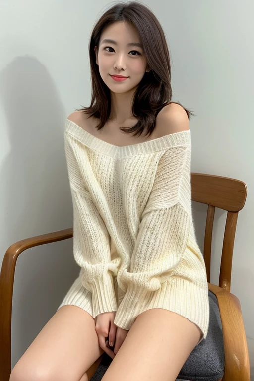 lens: 135mm f1.8,(Highest quality), (Beautiful 24 year old Japanese girl), (Moisturized lips), Narrow eyes, double eyelid,Delicate clavicle,Flat Chest,Layered Hair、
shame, A faint smile,
(In front of a white wall:1.2), Professional Lighting,
(Virgin-killing sweater), (Sunburned skin:0.2),Full body photo、Full Body Focus、Sit upright in a chair、Beautiful feet、Please stand up straight、Align your feet、Completely naked、Correct your posture、Beautiful posture、Emphasizing leg line beauty