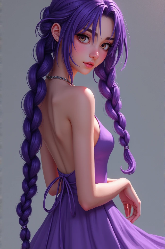 She is around eighteen or nineteen years old. She has long purple braided hair. She has a small mole under her right eye at the end of her eyebrow. She is wearing a purple dress. She has a medium-sized chest, a thin waist, and her butt is also medium-sized.