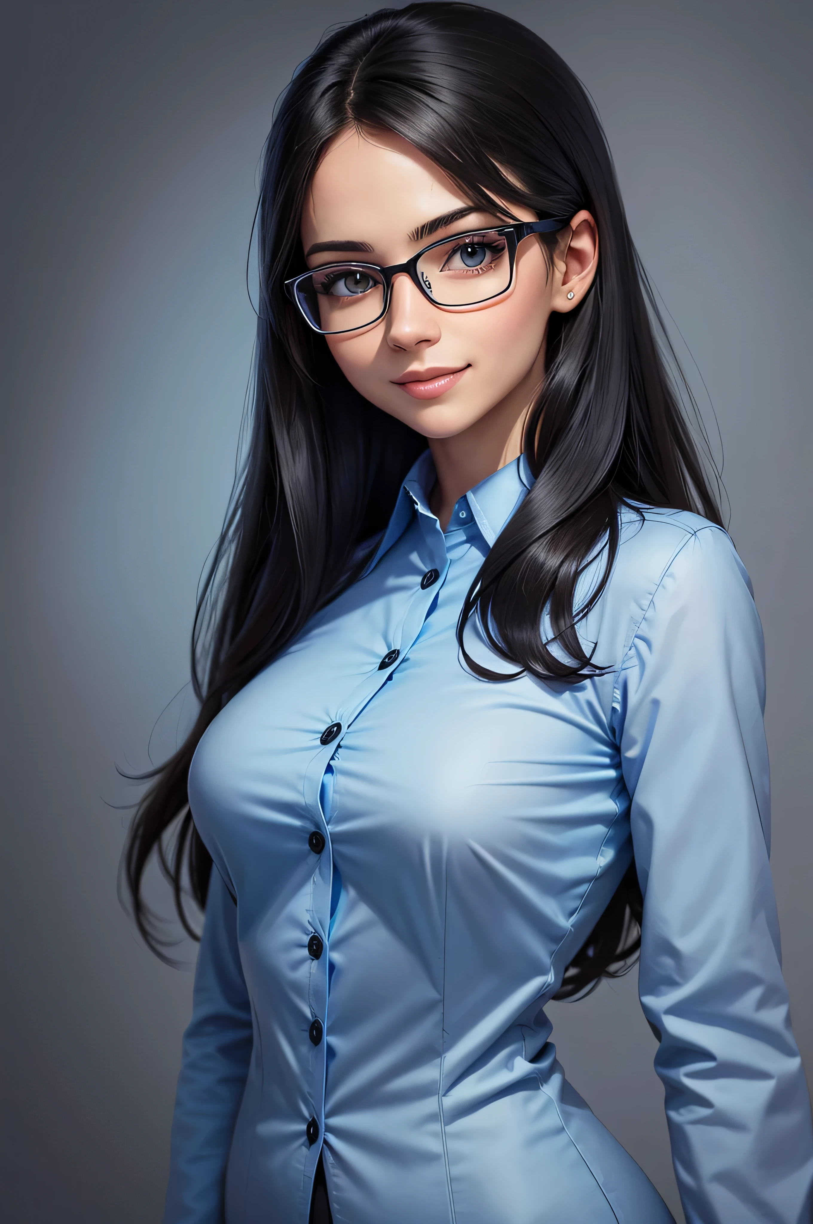 professional, glasses, woman in a semi-realistic cartoon style, smart, cool, sharp look, confidence smile, pretty smart, using a blue Shirt, and a black office suit. with soft blue background. Portrait Picture, Top Quality, high detailed, long hair.