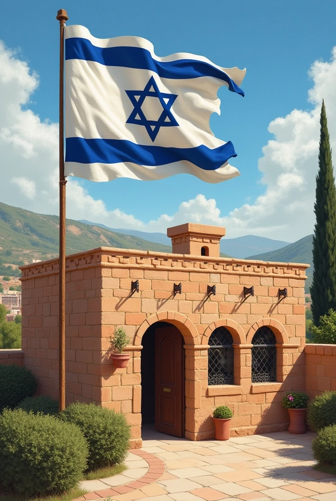 Painting of a jerusalem-brick house with Israel flag 