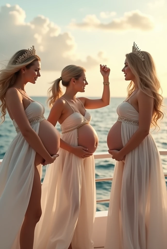 On the boat in the daytime、Wearing a tiara、Wearing a thin wedding dress、(Huge big)in、((He had a large belly with a circumference of about 500 cm.))A beautiful blonde Caucasian pregnant woman with short hair, a beautiful blonde Caucasian pregnant woman with long hair, and a beautiful blonde Caucasian pregnant woman with a ponytail are dancing while exposing their nipples.