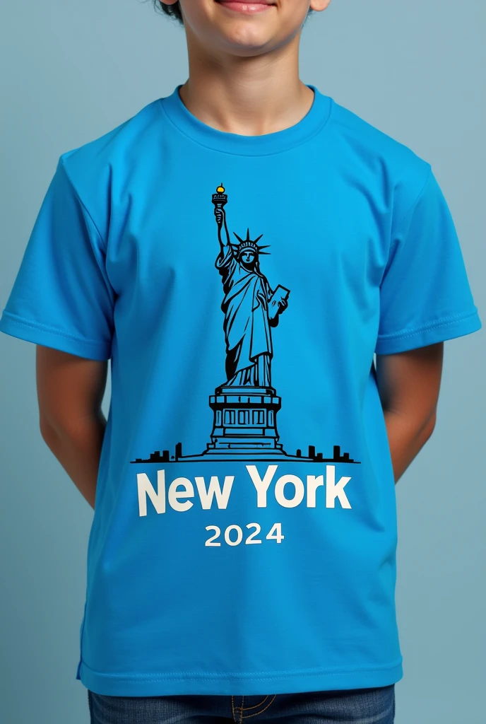 A blue t-shirt with the drawing (just a side dish) of the Statue of Liberty in black and saying New York 2024 in white, that looks modern