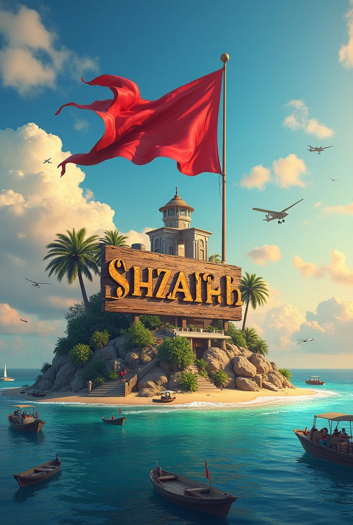 arkitek island with the name " Shaikh Uzair " written on a large sign, an waving in the foreground, and various boats and aircraft in the background against a colorful sky