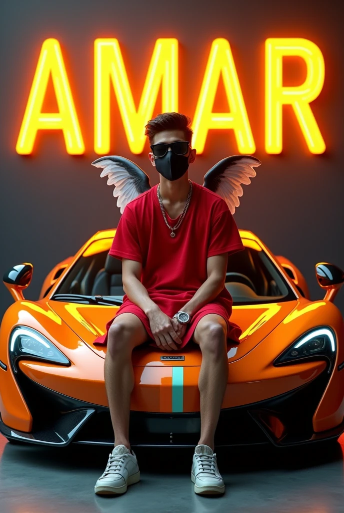 2ND PROMPT :- create a realistic profile picture where a 25 year old boy attitude BOY in a red dress and sunglasses sitting casually on a wingback indian flag color Super car, wearing sneakers, with black mask, and sunglasses, be looks ahead, the background features Amar in big and capital in yellow neon font on the dark grey wall, there should not be his shodow, and there are wings to make it appear as if be is an angel