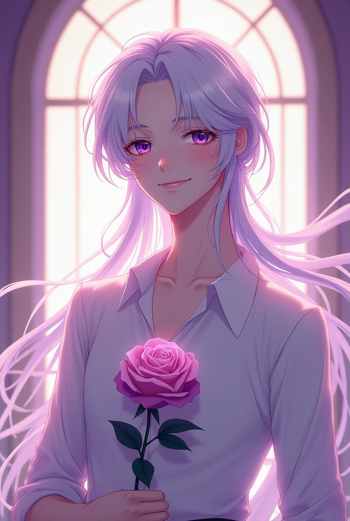 A pleasant smile,male,Look straight ahead,alone,Long white&Purple Hair, Purple eyes, White shirt, Upper Body, holding a mauve rose, A fantastically illuminated window,male,male,,masterpiece