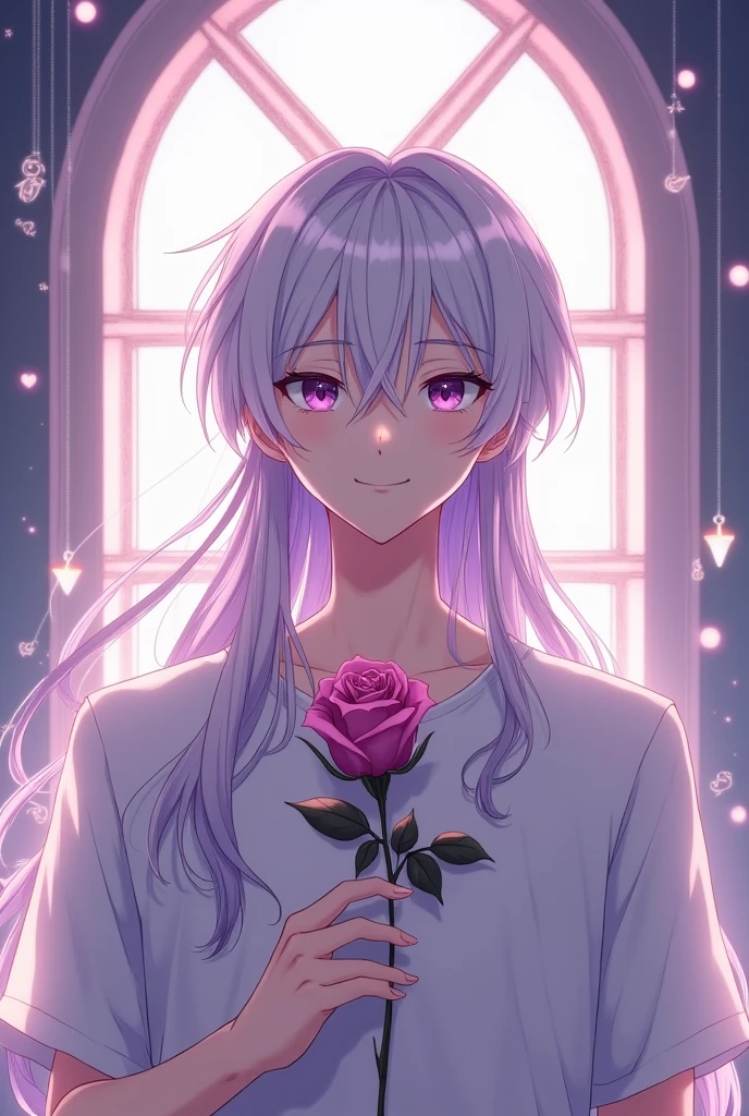 A pleasant smile,male,Look straight ahead,alone,Long white&Purple Hair, Purple eyes, White shirt, Upper Body, holding a mauve rose, A fantastically illuminated window,male,male,,masterpiece