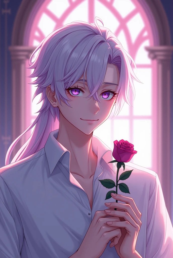 A pleasant smile,male,Look straight ahead,alone,Long white&Purple Hair, Purple eyes, White shirt, Upper Body, holding a mauve rose, A fantastically illuminated window,male,male,,masterpiece