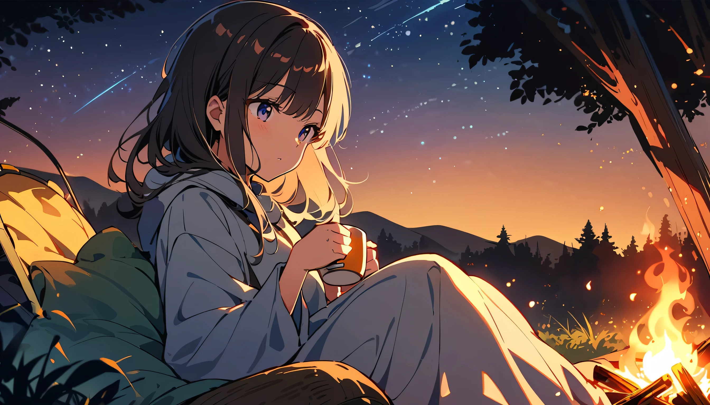 Outdoor,night,Girl sitting by a campfire,Beautiful eyes and face,tent,Pleasant atmosphere,Warm Light,A night sky full of stars,Crackling Fire,The background is a forest,Natural scenery,peaceful,Smoke rising from the fire,relax,comfortable camping chair,Hand holding a mug of hot coffee,A soft blanket on your lap,The delicate details of a girl'Clothes,Subtle warm colors,surrounded by nature,peaceful,Overnight camping,An unforgettable experience