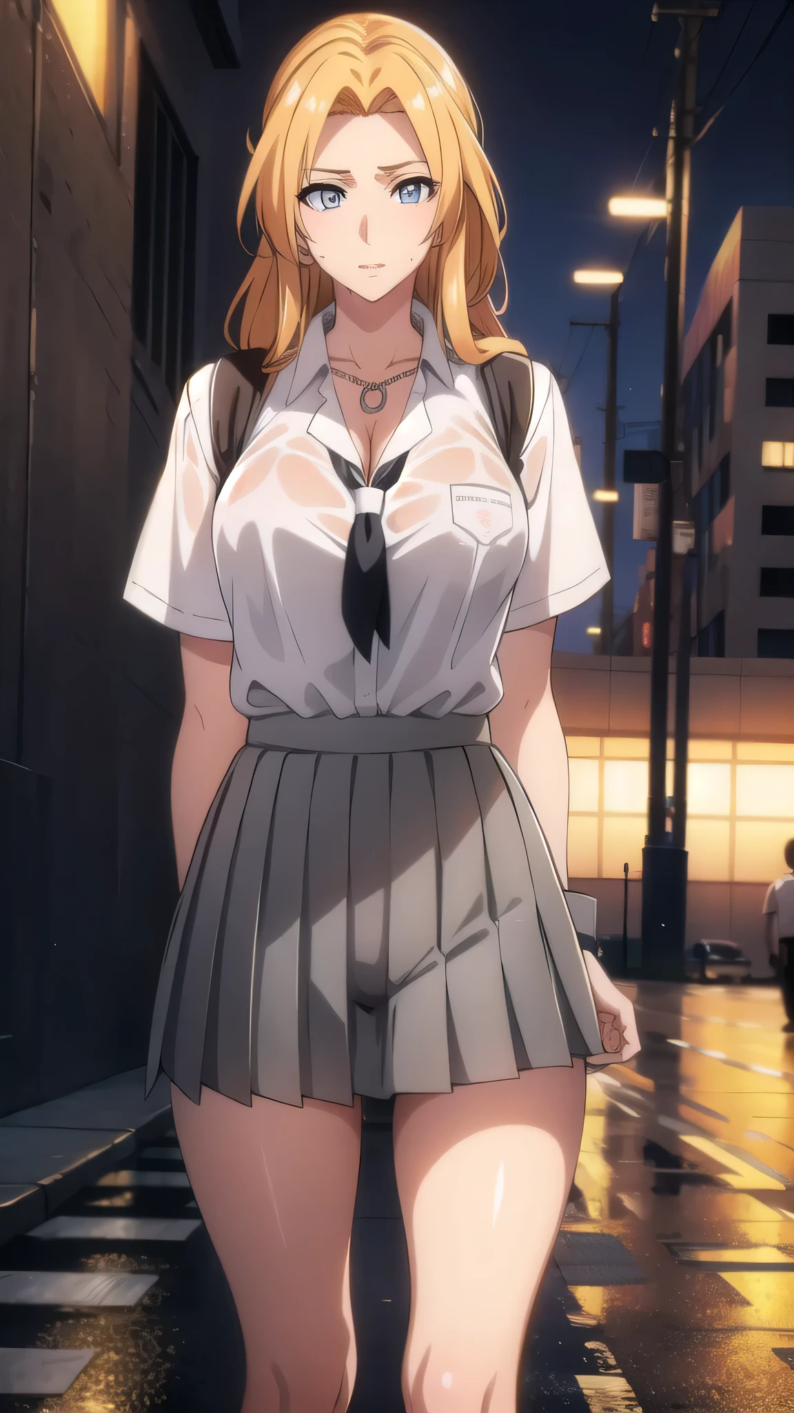 BREAK looking at viewer, BREAK (masterpiece:1.2), best quality, high resolution, unity 8k wallpaper, (illustration:0.8), (beautiful detailed eyes:1.6), extremely detailed face, perfect lighting, extremely detailed CG, (perfect hands, perfect anatomy),city,buildings,street,wet road,reflections,soft light,,rangiku matsumoto, long hair, (grey eyes:1.5), orange hair, mole, mole under mouth, parted bangs,skirt, shirt, cleavage, jewelry, school uniform, pleated skirt, necklace, chain, collar, short sleeves, grey skirt, white shirt,in middle,nipples see through,wet uniform,upskirt,showing panties,lace panties,wet panties,camel toe,