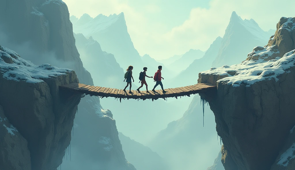 There are two mountains. Between the mountains there is a wooden bridge. The bridge is very dilapidated and there are three friends. Three friends are one girl and two boys. The mountain is swinging in the air.
