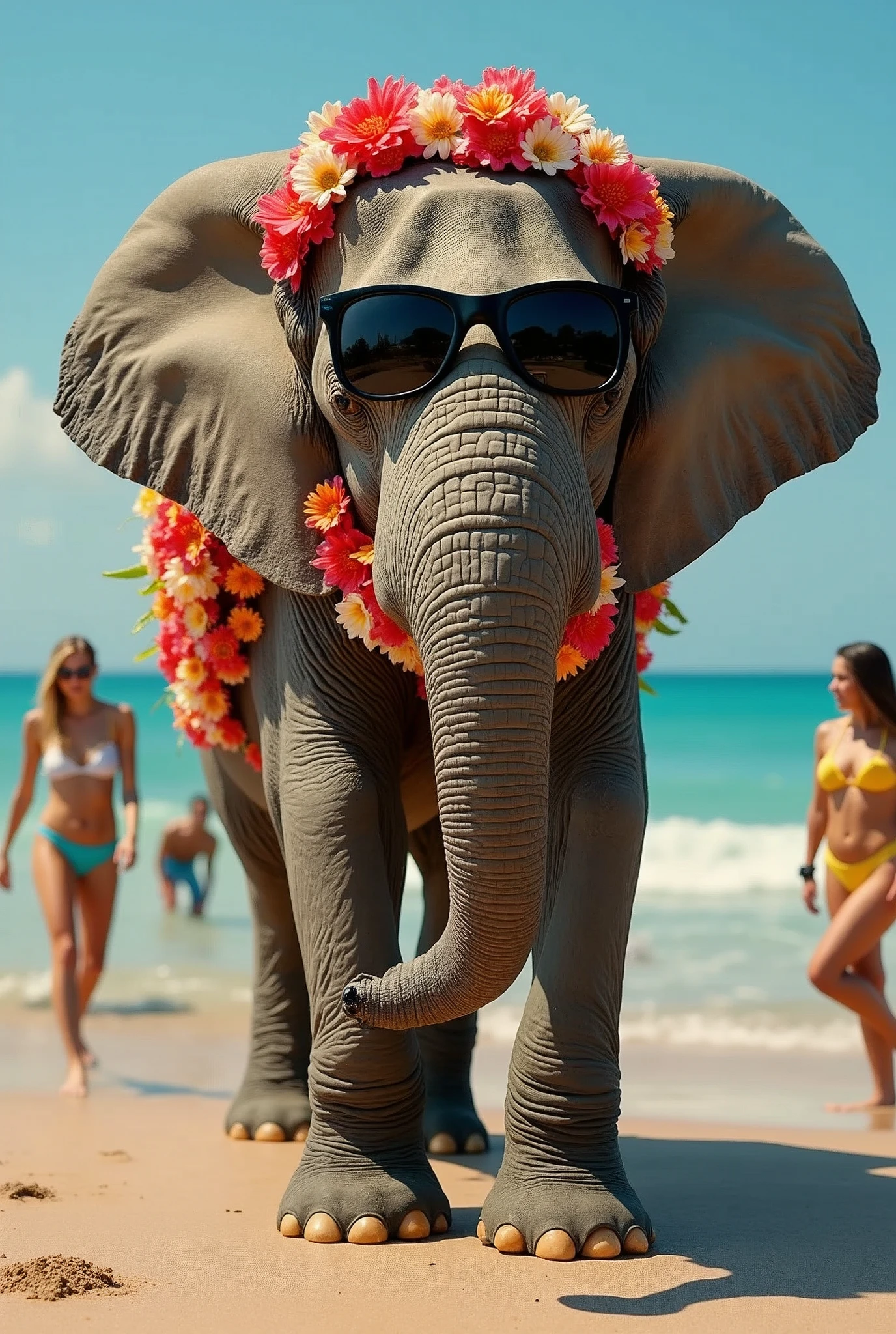 Elephant wearing flowery clothes on the beach，Wear black sunglasses，Surrounded by a group of bikini beauties basking in the sun，