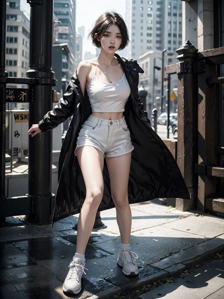 Wearing a long black coat，White tube top，White shorts，Short-haired girl in white sneakers is fighting，Fighting Stance，Full body close-up