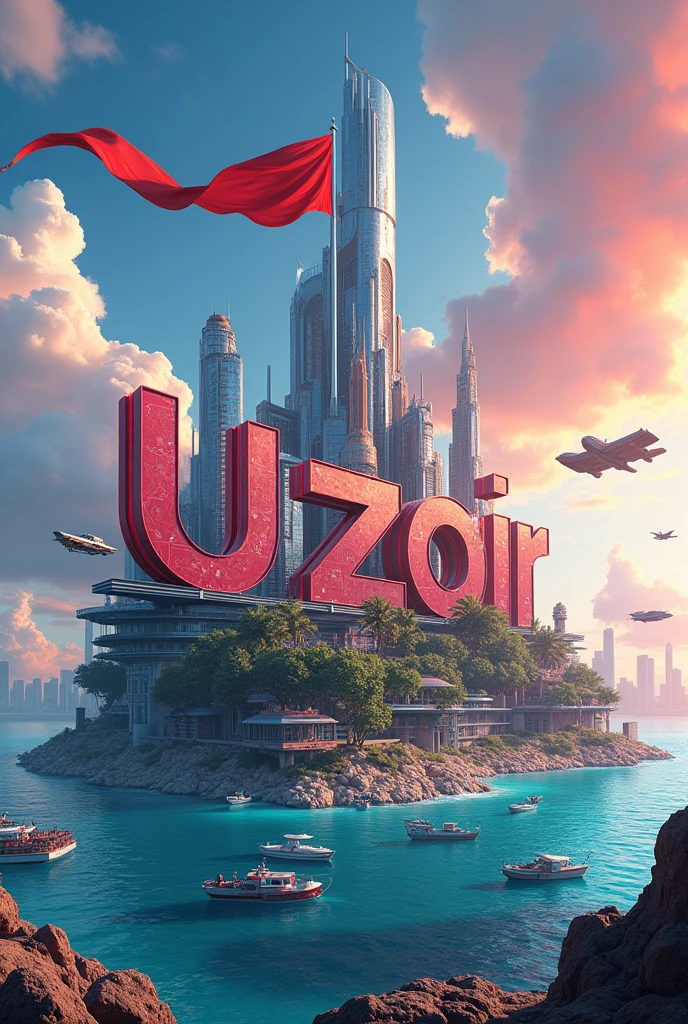 arkitek island with the name " Uzair " written on a large sign, an waving in the foreground, and various boats and aircraft in the background against a colorful sky