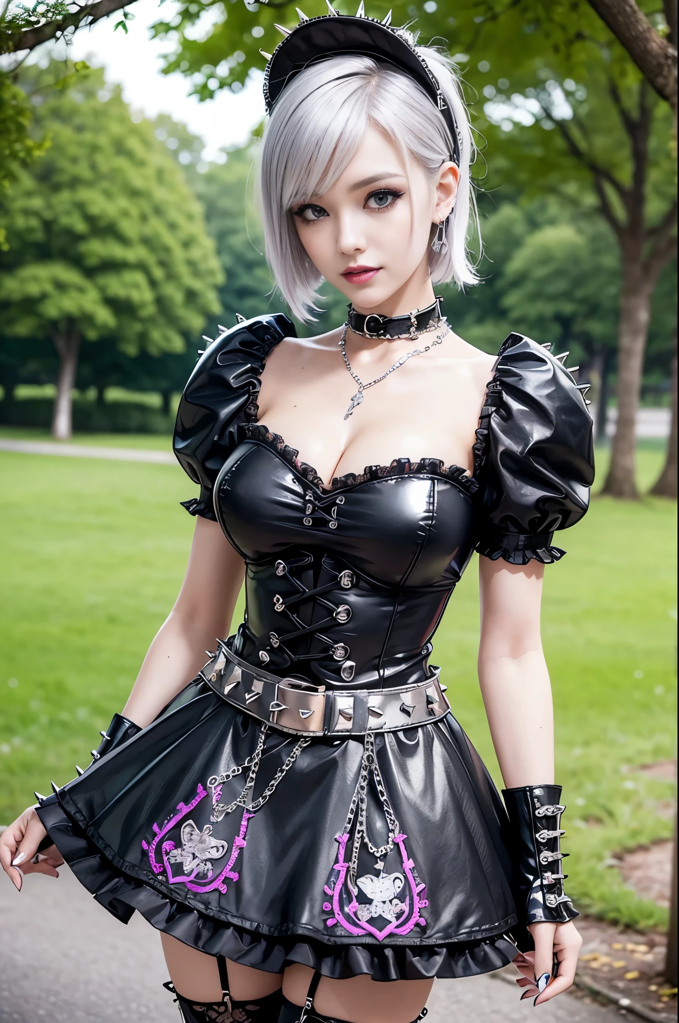 (nsfw), sexy stylish Swedish model, only 1 female, ((doll-like appearance)), short purple stylish hair, ((shiny Punk-Style boots)), (big smile), ultra detailed eyes, Punk makeup, lipgloss, ((sexy Punk Lolita cosplay)), unconventional skirt, petticoats, high neckline, ((ultra detailed lace)), ((ultra detailed embroidery)), intricate details, tartan patterns, (silver chains), (silver spikes), (safety pins), Punk Lolita accessoires, Punk Lolita choker, ((large sparkling Punk Lolita jewelry)), cinematic light, detailed large park background with trees