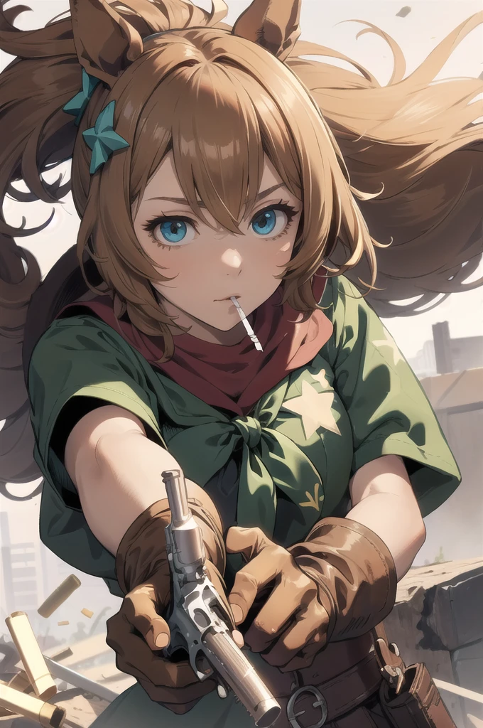 masterpiece, Highest quality,
Taiki Shuttle \(umamusume\),
Target your audience, Have a weapon, Scene Reference, Possession of a gun, Pistol, revolver, Smoking Gun Cosplay, Close one eye, Black tie,
Brown gloves, cigarette, Armband, Upper Body, bandana