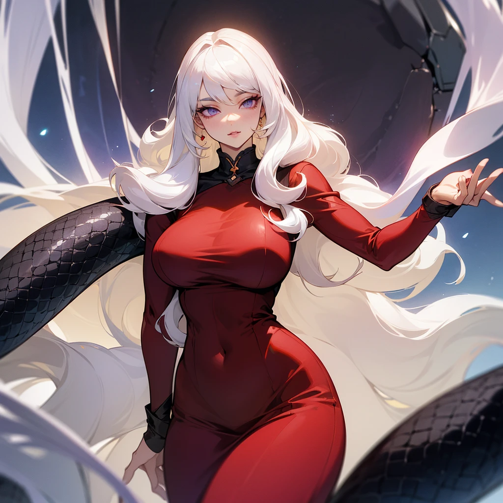 ((ultra quality)), ((masterpiece)), ((Angelic beauty woman)), ((long white curly hair)), ((White hair)), ((fluffy white hair)), ((curly hair)), (beautiful face), (beautiful female lips), Enchanting ((Seductive facial expression)), looks at the camera with a slight smile, (White skin color), (White skin), glow on the body, ((detailed eyes)), ((Next to a huge black snake)), ((violet eyes)), (juicy female lips), (dark eyeliner), (beautiful female hands), ((thick body)), ideal female body, ((Red dress)), beautiful waist, beautiful big hips, big breasts, thick thighs, ((threatening and beautiful)) (), ((depth of field)), ((high quality clear image)), (delete details), ((High detail)), ((clear focus))