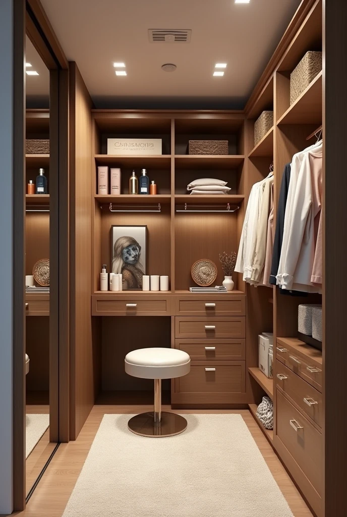Walkin closet
Small but long
One side mirror for makeup and perfumes