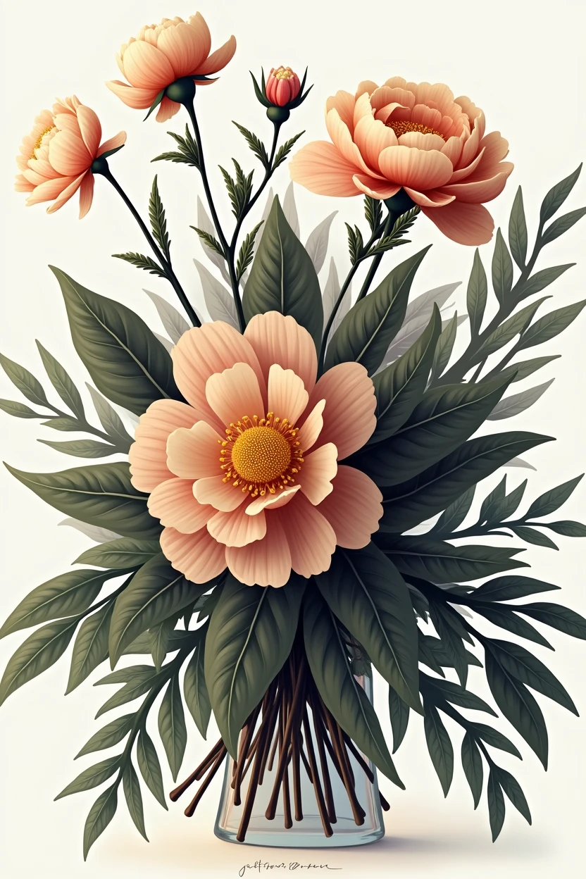lush bright peony flowers on a light background, flowers with brightly outlined petals and leaves are gathered in a large bouquet