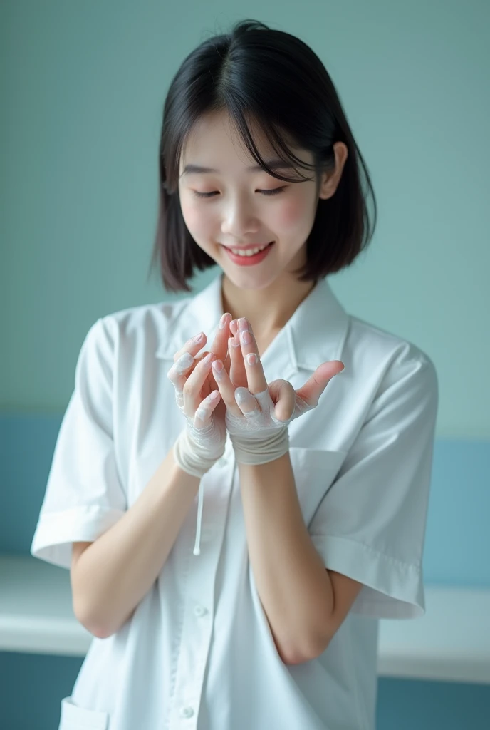 An Asian pretty teenage nurse in white nursing pants, slender, large hips, slim waist line, straight short hair, cleans her thin fingers with large amount of white sloppy liquid.