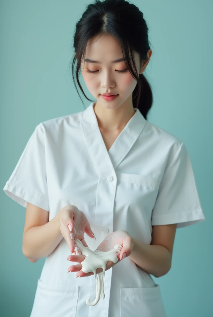 An Asian pretty teenage nurse in white nursing pants, slender, large hips, slim waist line, straight short hair, cleans her thin fingers with large amount of white sloppy liquid.