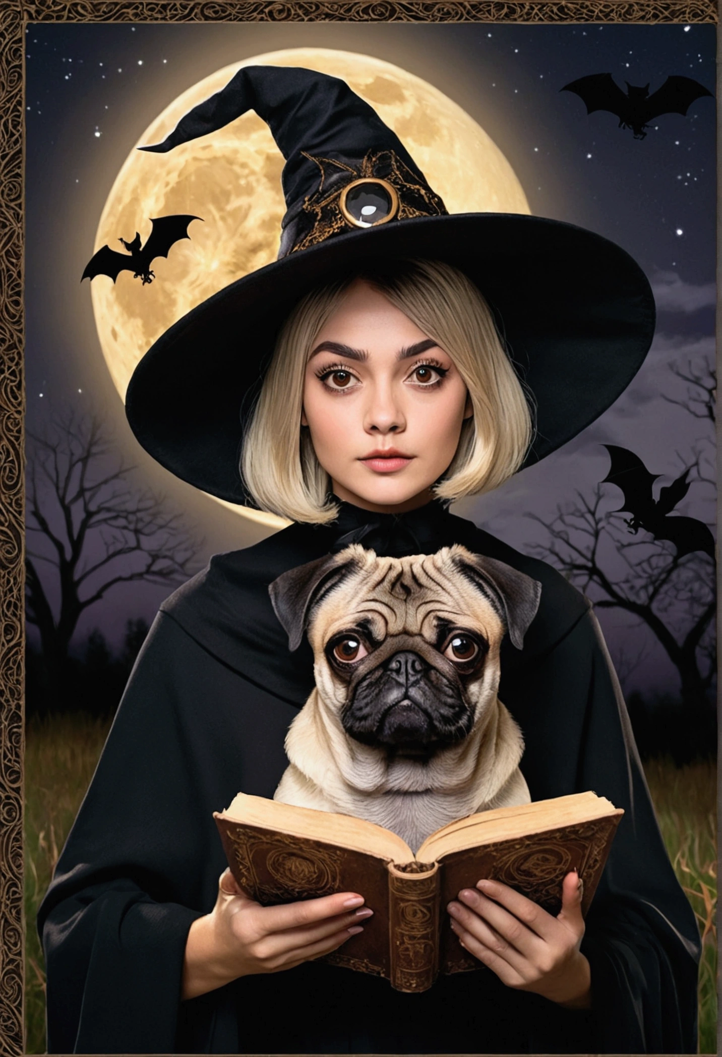 Witch with short honey-colored hair and black witch hat., Brown eyes, with an open old book, with an adult pug dog ,At night with a full moon and bats in the background