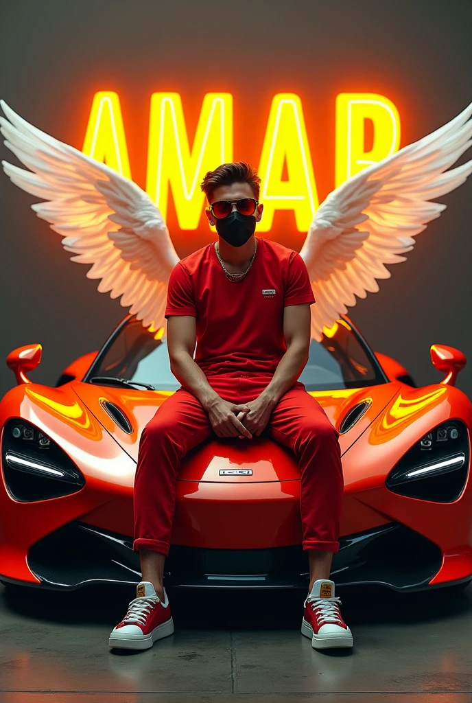 2ND PROMPT :- create a realistic profile picture where a 25 year old boy attitude BOY in a red dress and sunglasses sitting casually on a wingback indian flag color Super car, wearing sneakers, with black mask, and sunglasses, be looks ahead, the background features Amar in big and capital in yellow neon font on the dark grey wall, there should not be his shodow, and there are wings to make it appear as if be is an angel for republic day