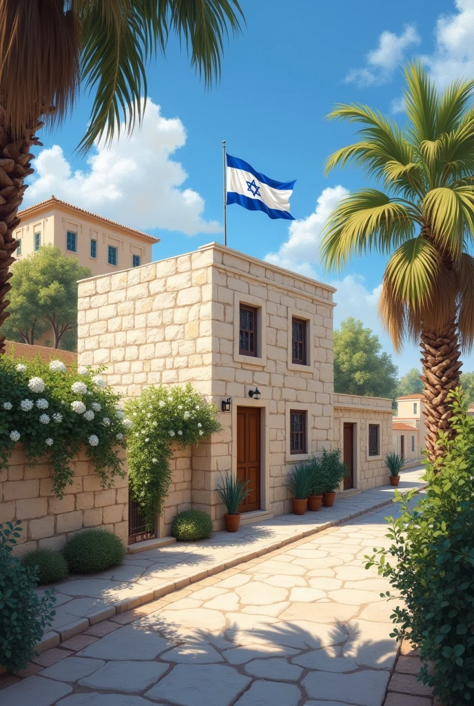 Painting of a Jerusalem white brick regular house with Israel flag 