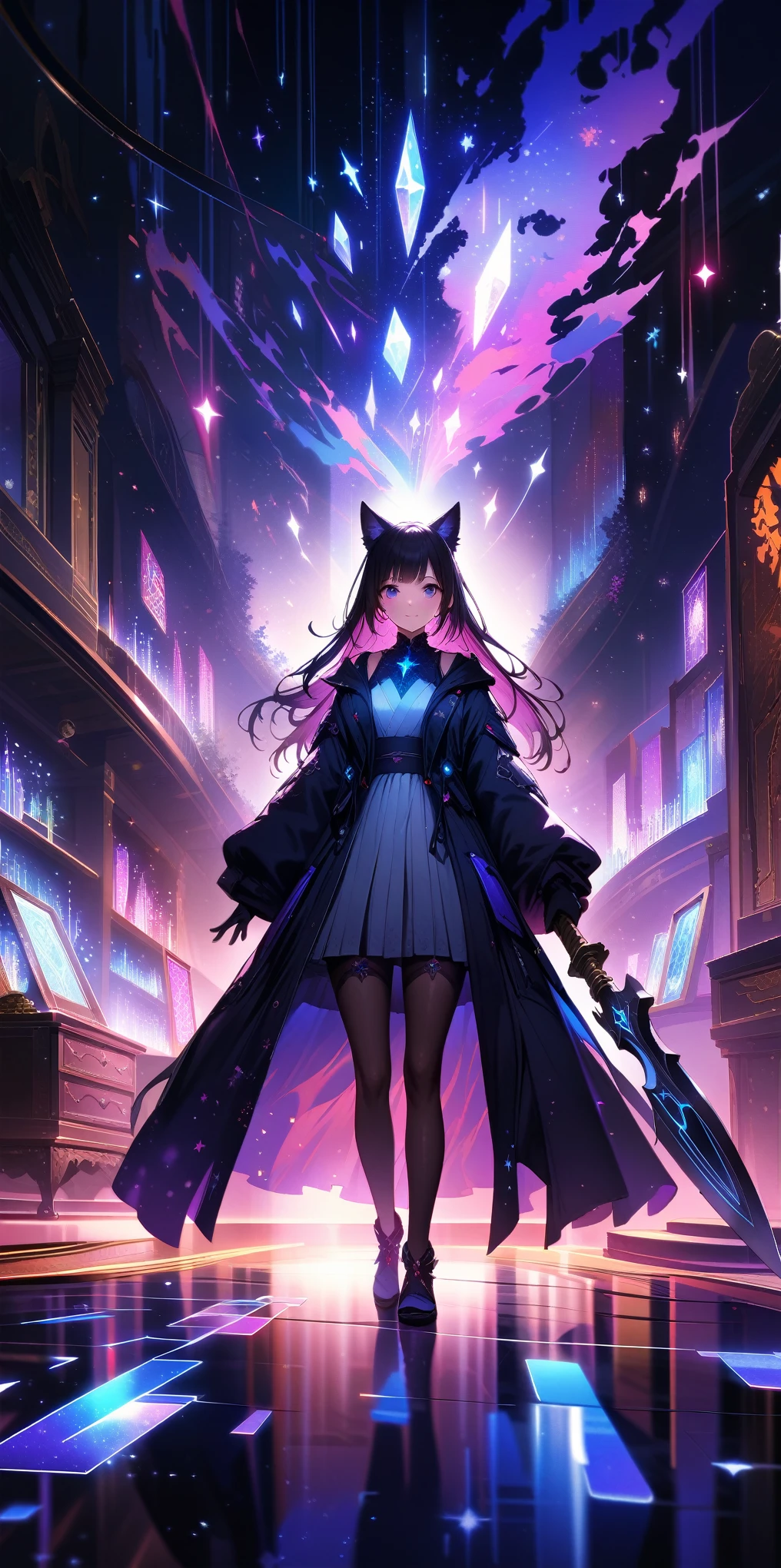1 girl, A dark, futuristic, silhouetted figure of a girl with cat ears and a long, flowing coat, holding a massive scythe with a mechanical cat integrated into the blade, standing on a reflective surface with a minimalist, light gray background. --ar 4:3 --stylize 600 --niji 6, A girl is dancing acrobatically in the starry sky, surrounded by constellations, on black background, white stars and lines forming constellations around her silhouette, light art installation style, high resolution, dreamy effect, fantastic scenery, minimalist design. --ar 3:4 --niji 6, A vibrant, detailed digital painting of an enchanted room filled with magical blue and purple crystal objects, tarot cards, amulets, runes on the walls, shelves, tables, couches, windows, magical artifacts like glowing crystals, ornate wooden furniture. The color scheme is vivid and striking, creating a dreamy atmosphere. colorful illustrations, highly detailed, high resolution, natural lighting, sharp focus, highly detailed illustration, high definition, in the style of octane rendering, hyper realistic. --ar 3:4 --niji 6, (((japanese style))), ((32k)), ((best quality)), ((ultra high res)), ((HDR)), ((UHD)), ((extremely detailed CG)), ((unity 32k wallpaper)), ((illustration)),  