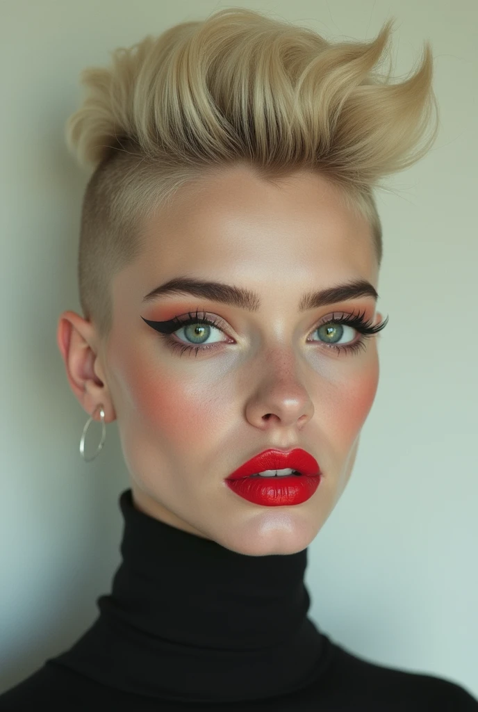 wolf cut hairstyle blonde hair big green eyes forehead is slightly arched, giving my face a distinctive shape. It flows seamlessly into my high, defined eyebrows. The bridge of my nose is straight and symmetrical, leading up to a pointed tip. My nostrils are small and delicate, adding character without being overwhelming. My cheekbones are prominent, highlighting my large, round eyes even further. My jawline is strong and defined, giving my face a masculine edge despite its feminine features. My neck is long and graceful, flowing effortlessly into my shoulders. Russian women big pumped lips red lipstick super big fake lips super size lips 45 Russian silicon face model, have naturally developed some fine lines and wrinkles around my forehead. These imperfections only serve to make me appear more human and relatable.