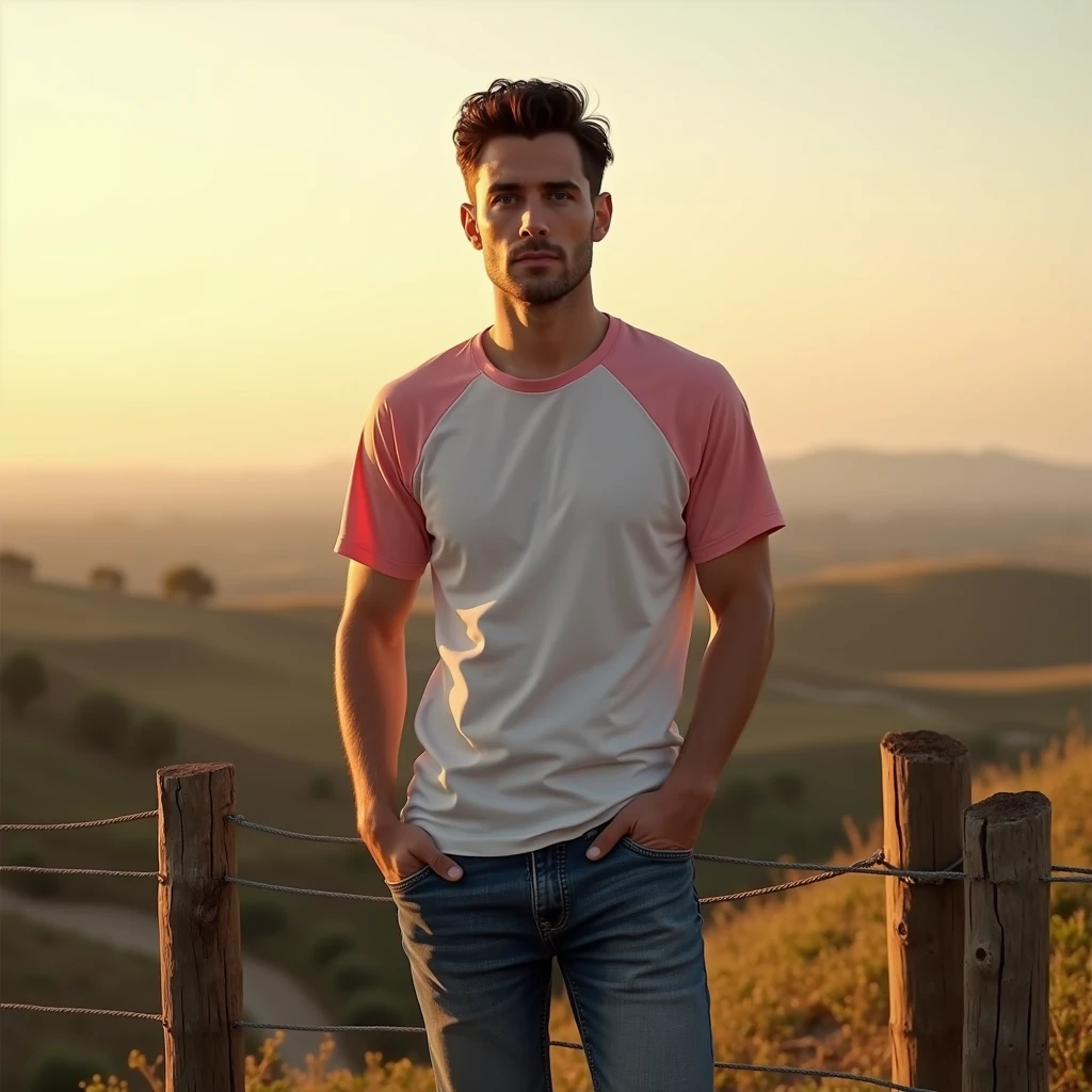 makes image of a white man, model type 35 years old, com cabelo escuro, blue colored eyes, wearing white and pink shirt, jeans, tennis,   at sunrise on top of a fence in the Alentejo 