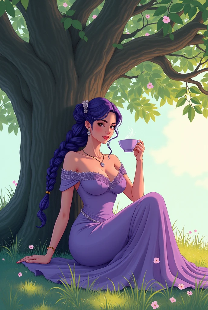 Young woman, Age twenty-nine, Long purple braided hair, Beautiful face, Wearing a purple dress, Big breasts, Thin waist, Big butt, Sit and sip tea under the tree, Manga drawing style