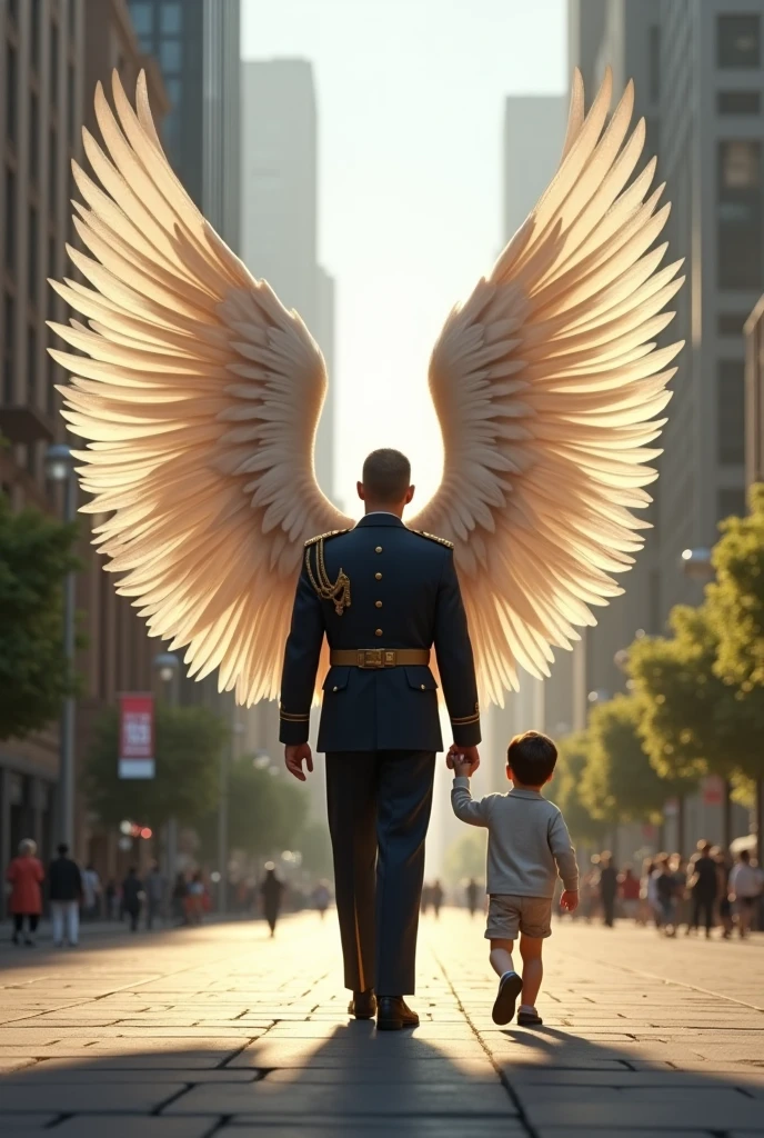 A Military Policeman with Angel Wings on his back walking down the street hand in hand with his son