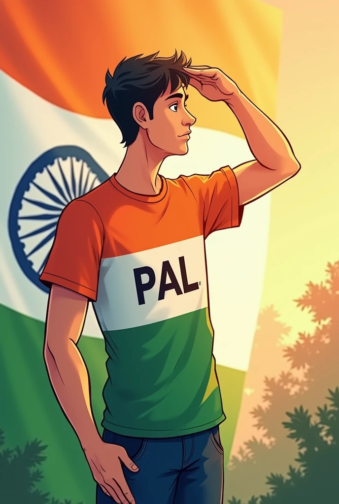 Men saluting the Indian flag from the , wearing 'PAL' t-shirts with 'P' in orange, 'A' in white, and 'L' in green. OnlyOne men . look like age 21  , cartoon  this image flame 16:9. Background is Indian flag intensity is 4
.one hand Indian flag 