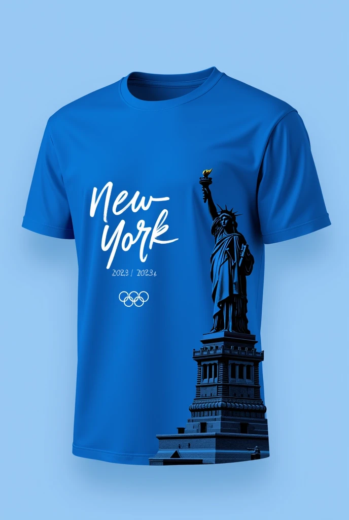 A royal blue t-shirt with the drawing (just a side dish) of the Statue of Liberty in black and saying New York 2024 in white, in handwritten letter, that looks modern