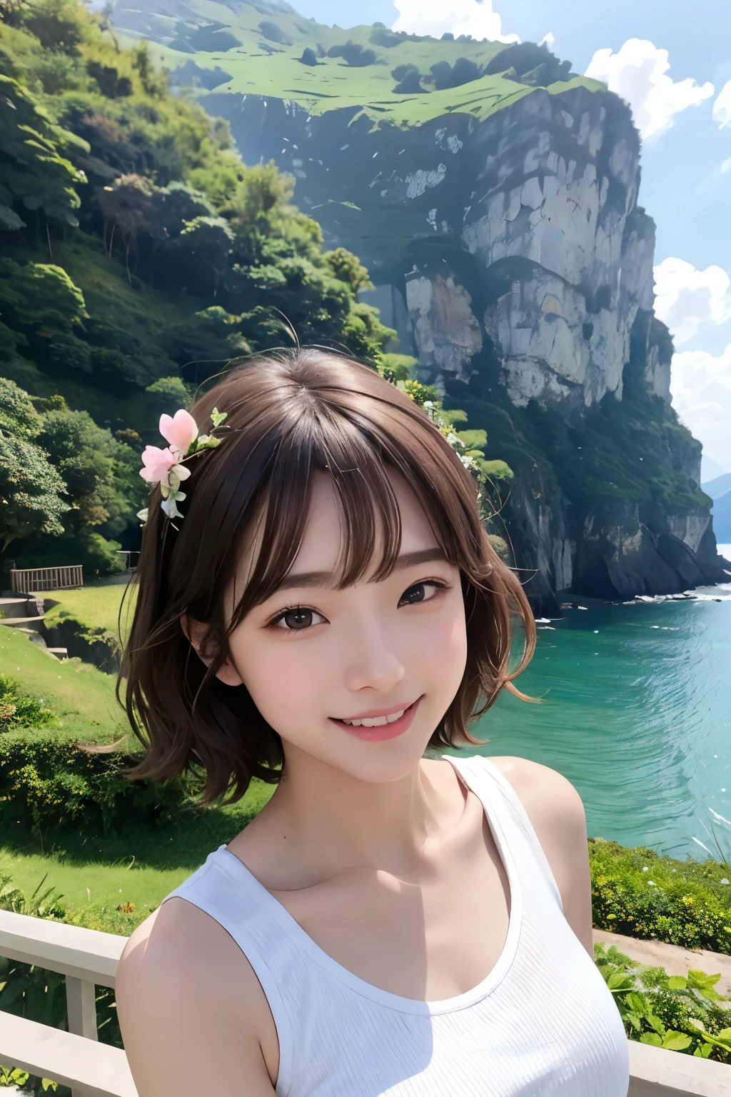 Highest quality, masterpiece, Ultra-high resolution、Photorealistic、Beautiful woman、Realistic Skin、Light brown short hair、Small flower hair ornament、Hair swaying in the wind、smile、Simple color T-shirt、Seaside with steep cliffs、Valley、Panoramic View、A softly sunny afternoon、Xiyang、Summer Clouds、