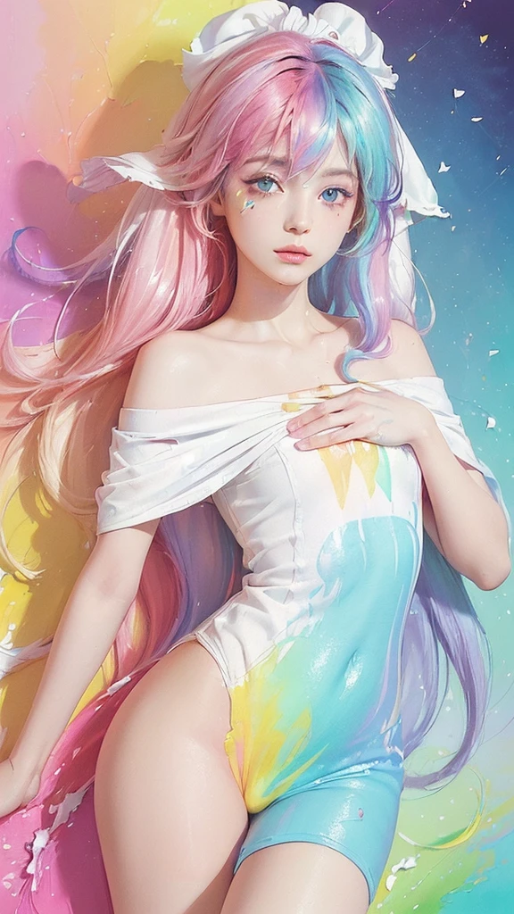(Pink Fashion T-shirt:1.9),(Colorful hair: 1.8), (All the colors of the rainbow: 1.8),(((((vertical paintinging:1.6))), (paintinging:1.6),front, 漫painting, illustrations, paintingings, big eyes, Crystal clear eyes,( Rainbow gradient high ponytail:1.7), Exquisite makeup, Shut up,(Small fresh: 1.5),(Wipe Chest: 1.6) ,Long eyelashes, White off-the-shoulder T-shirt, White off-the-shoulder shirt,Looking at the audience, big、watery eyes, (Rainbow Hair:1.6), 色彩飞splash, (Solitary:1.8), 色彩飞splash, Color Explosion, thick painting style, Messy lines, ((shining)),(rich and colorful), (rich and colorful), (rich and colorful), rich and colorful, Thick painting Style, (splash) (Color splash), Vertical paintinging, Upper Body, painting splash, Acrylic paint, slope, painting, Highest image quality, best quality, masterpiece, Solitary, Depth of Field, Face painting, rich and colorful clothes, (elegant: 1.2), Gorgeous,Long hair, wind, (elegant: 1.3), (petal: 1.4),(((masterpiece))),(((best quality))),((Extremely detailed)),(illustration),(Dynamic Angle),((floating)),(painting),((Messy hair)),(Solitary),(1 Girl) , (((Delicate anima face))),((Beautiful and delicate face)),collar,Bare shoulders,White hair, ((rich and colorful hair)),((Striped hair)),Beautiful and delicate eyes,(slope color eyes),(((rich and colorful eyes))),(((rich and colorful background))),(((High Saturation))),(((surrounded by rich and colorful splashes))),