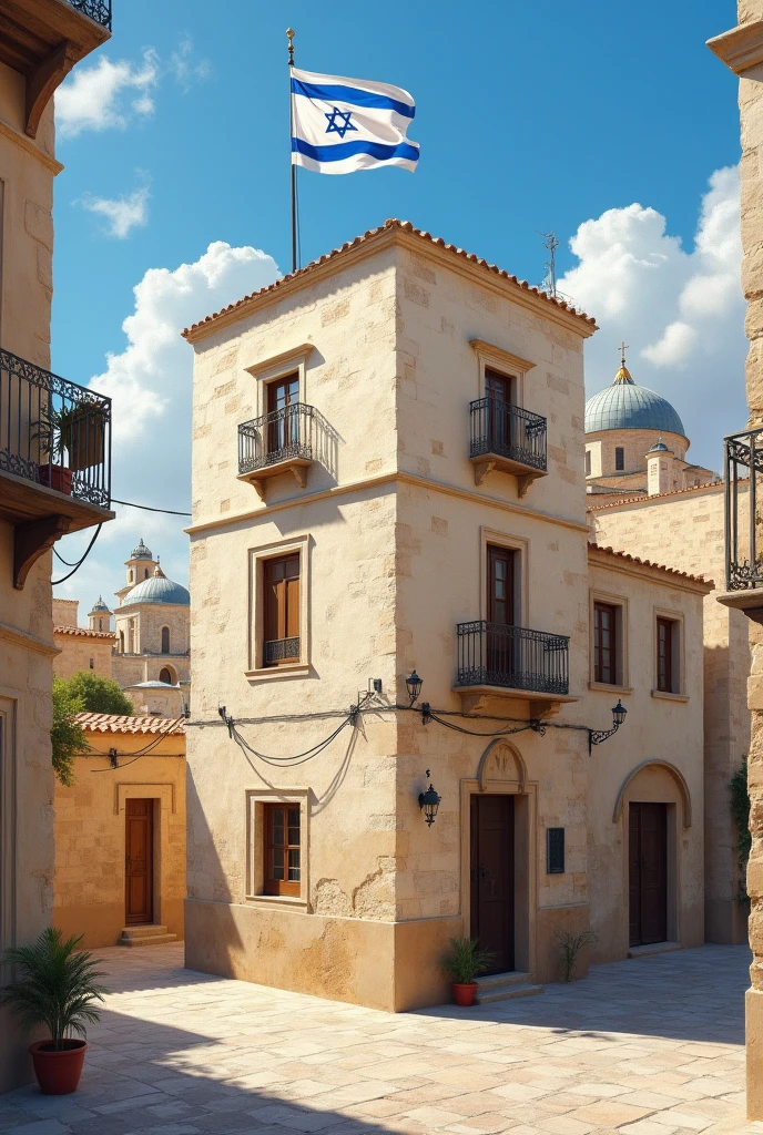 Painting of a Jerusalem white brick regular building with Israel flag