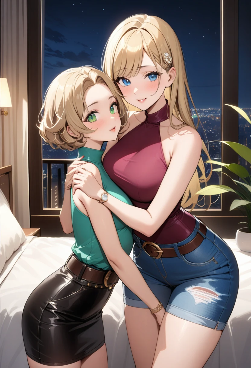 Two beautiful ladies ((lady 1: 45y old mom, with short straight blonde hair with blue eyes and caucasian skin, wearing Tight Denim Skirt and Leather Belt, Sexy Criss Cross Mock Neck Short Sleeves Green Blouse)), ((lady 2: 15y old daughter, with short straight blonde hair with blue eyes and caucasian skin, wearing Tight Denim Skirt and Leather Belt, Sexy Criss Cross Mock Neck Short Sleeveless Burgundy Blouse)), ((lady 1: 45y old mom wearing luxurious jewelry, 18k gold wedding ring on left hand)), standing in their bedroom at night, mother hugging and kissing her daughter from behind, (light brown lipstick), (elegant mascara), (slim body), (small breasts), (wide hips), endjourney, <lora:GoodHands-, <lora:GoodLegs-, UHD, high resolution, (expressive eyes, perfect face, full body, expressive face, perfect body, perfect pussy, athletic, fit, slim body, blushing, Perfect makeup, eyeliner, beautiful eyelashes, smiling, horny face), ((best illumination, best shadows)), ((sexy pose)), ((Front pov:1.1))