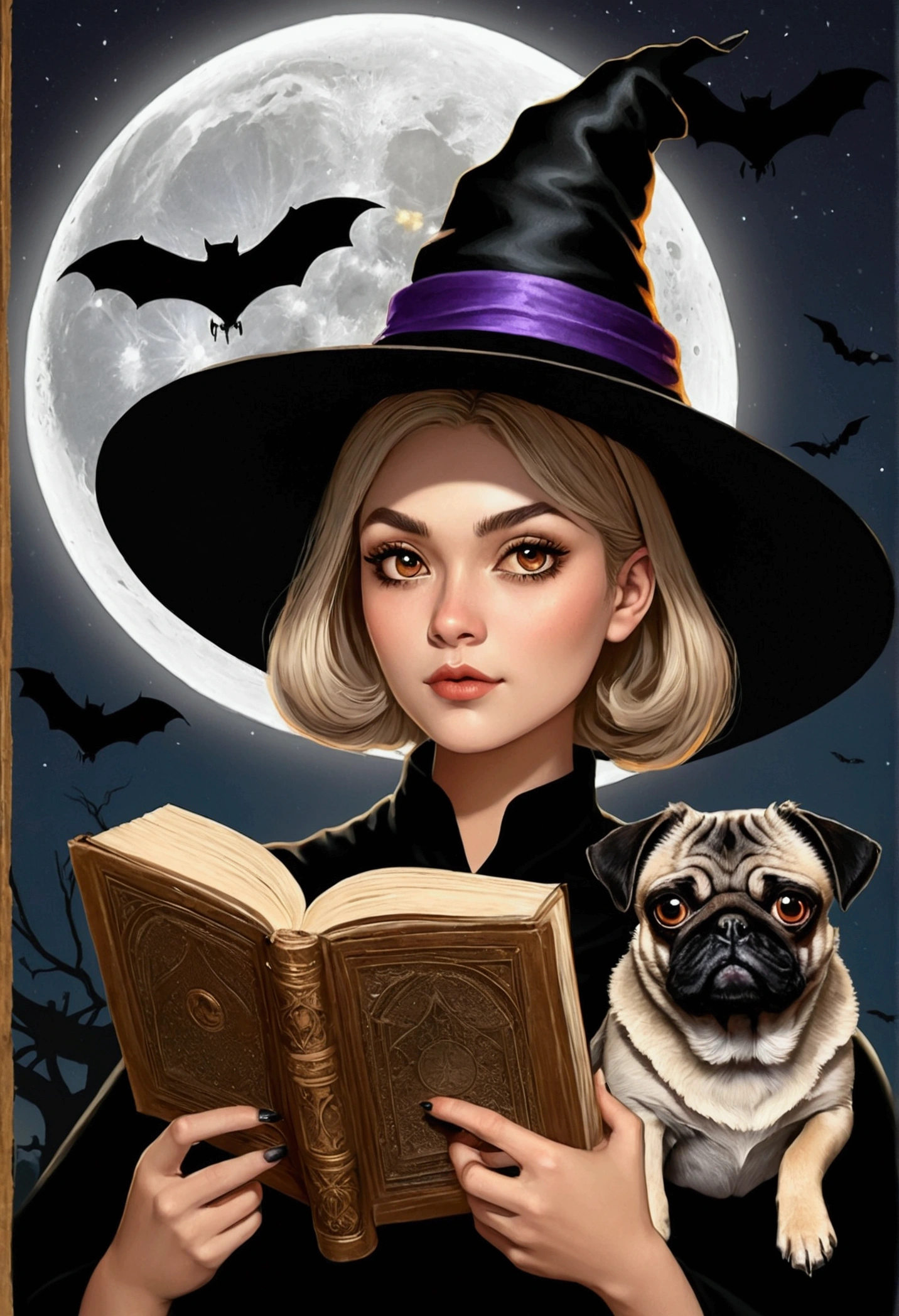 Witch with short honey-colored hair and black witch hat., Brown eyes, with an open old book, with an adult pug dog ,At night with a full moon and bats in the background