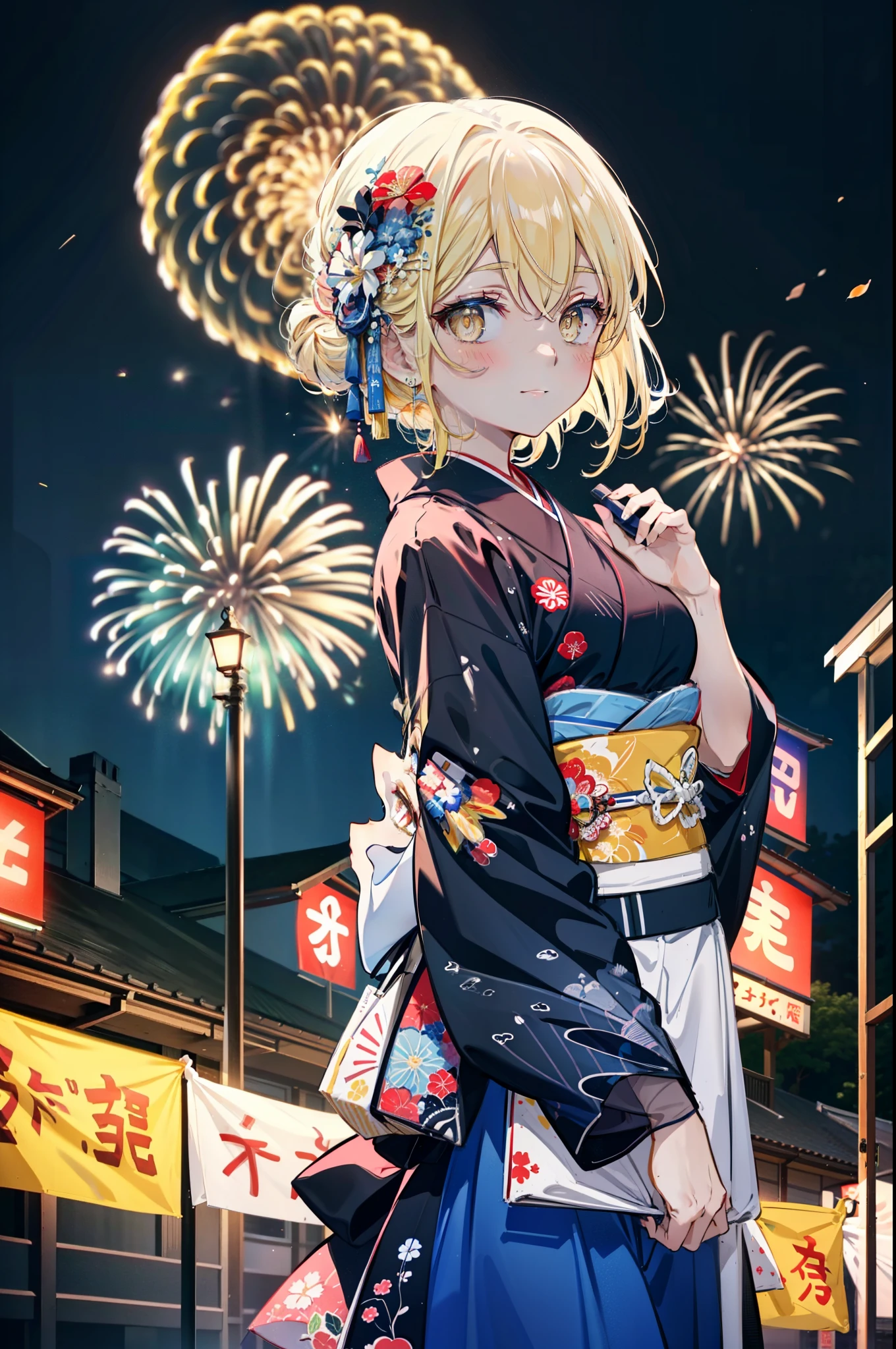 Eiswallenstein, Eyes Wallenstein, blonde, Hair between the eyes, hair band, Long Hair, (Yellow Eyes:1.5), hair tied back,Flower Hair Ornaments,smile,blush,Blue Kimono,日本のfestival,夏festivalの屋台,Red lantern,Fireworks in the night sky,Fireworks,The place is a fireworks display,Time is night,whole bodyがイラストに入るように,
break looking at viewer,whole body, (Cowboy Shot:1. 5),
break ourdoors ,festival,　　　　　　　　　　　　　break (masterpiece:1.2), Highest quality, High resolution, unity 8k wallpaper, (shape:0.8), (Beautiful and beautiful eyes:1.6), Highly detailed face, Perfect lighting, Extremely detailed CG, (Perfect hands, Perfect Anatomy),