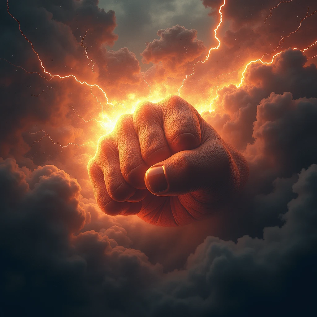gigantic GOD's fist, punch from space to the earth, glowing inpact, thunderbolt, crush the earth, judgement day, 