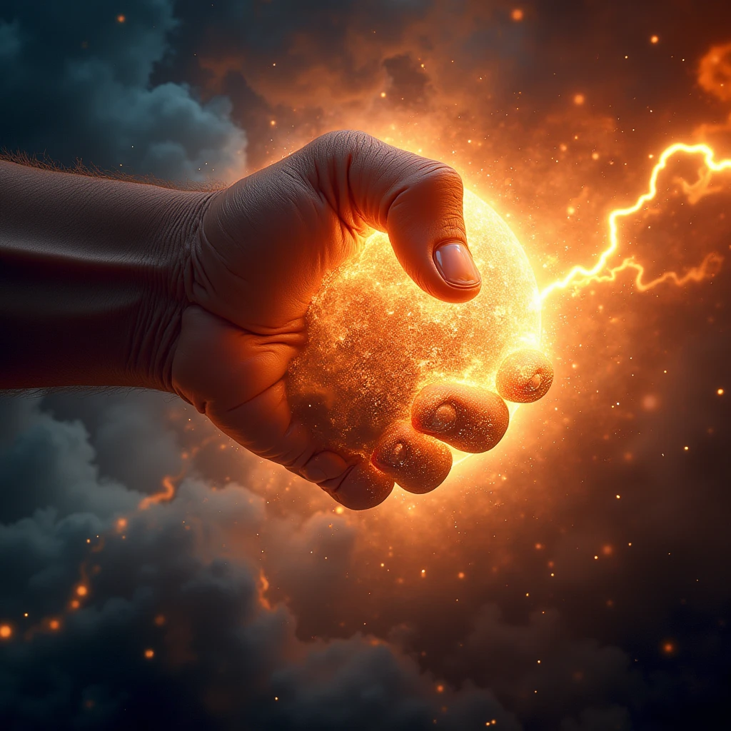 gigantic GOD's fist, punch from space to the earth, glowing inpact, thunderbolt, crush the earth, judgement day,
