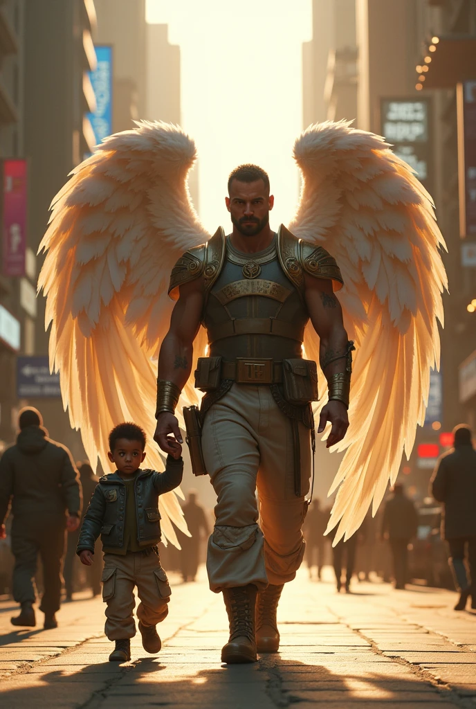 A soldier with angel wings on his back walking down the street hand in hand with his son