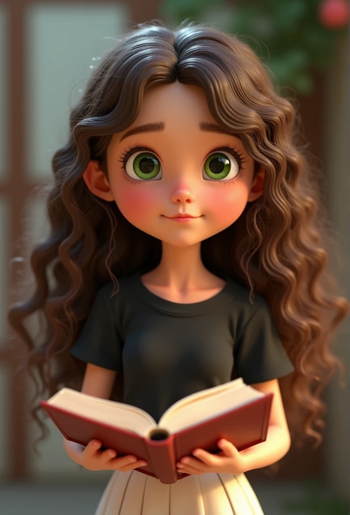 cartoon character of a white teenage girl, slim, curly brown hair down to the waist, greeneyes, with a black shirt, white skirt, Holding a book. animation character, stylized character, animation style rendering, 3d stylized, Arnold Maya render, 3 d render stylized, toon render keyshot, 3d character, 3d character, 3d rendering stylized, 3 d character render, cartoon character, Personagem de close up, character posing, (Pixar-style) (master part:1.2) (bokeh) (best qualityer) (skin detailed) (detailed texture) (8k) (Argilla) (Cinematic lighting) (sharp focus