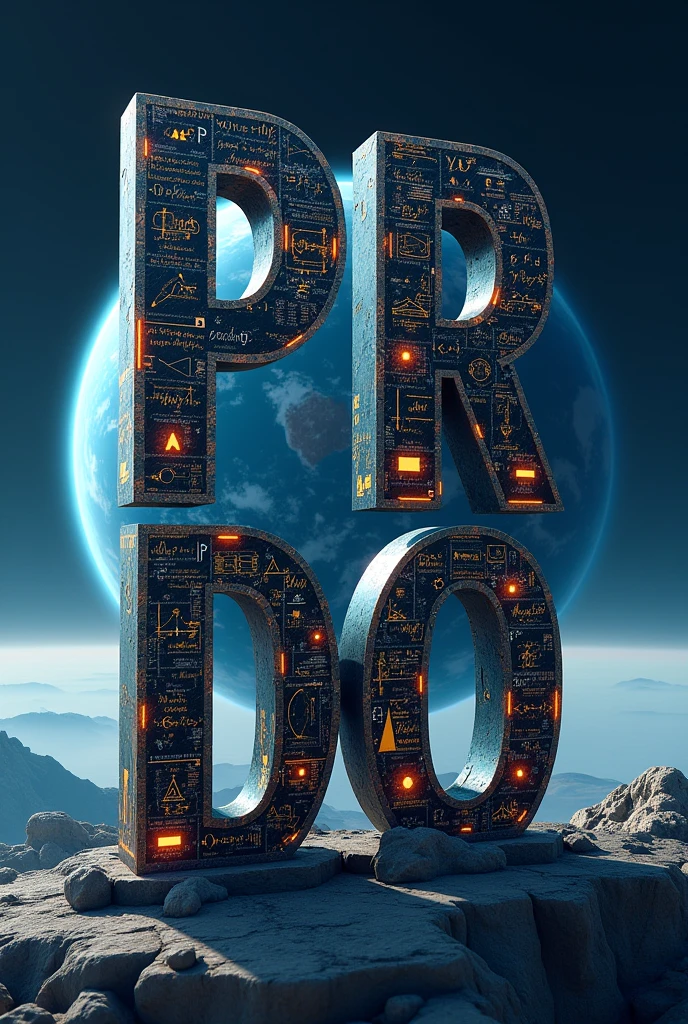 DESIGN A LOGO WITH THE WORD "prado" WITH CAPITAL LETTERS THAT CONTAIN THINGS FROM MATHEMATICS AND PHYSICS, BE IT FORMULAS OR DRAWINGS RELATED TO THEM, BUT ENOUGH THINGS THAT THERE IS NO BLANK SPACE THAT COVERS THE ENTIRE IMAGE, IF POSSIBLE, ON A BACKGROUND IN WHICH A PLANET LIKE THE EARTH CAN BE SEEN.