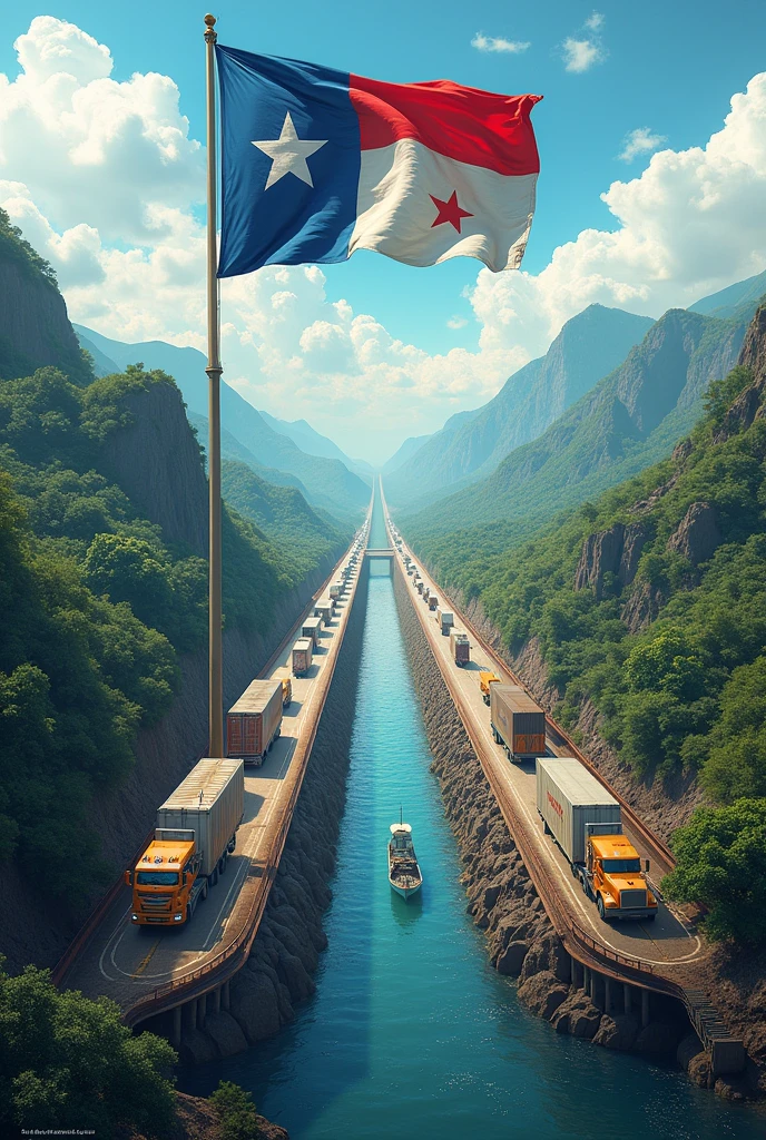 Logistics chain in the Panama Canal and land transport Make an image where the Panama Canal appears, la bandera de Panamá🇵🇦 ondeado y el transporte terrestre con los camiones portacontendores de carga