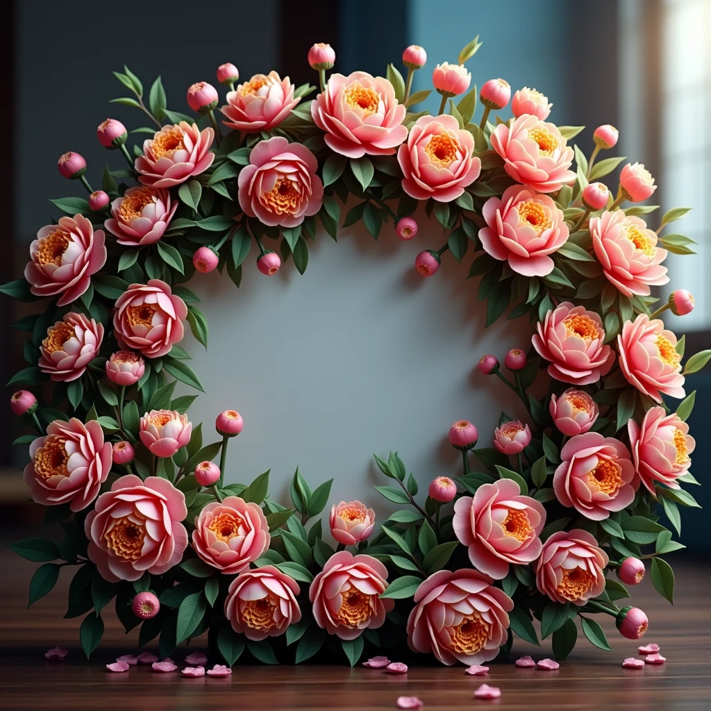 lush bright peony flowers on a light background, flowers with brightly outlined petals and leaves are gathered in a large bouquet