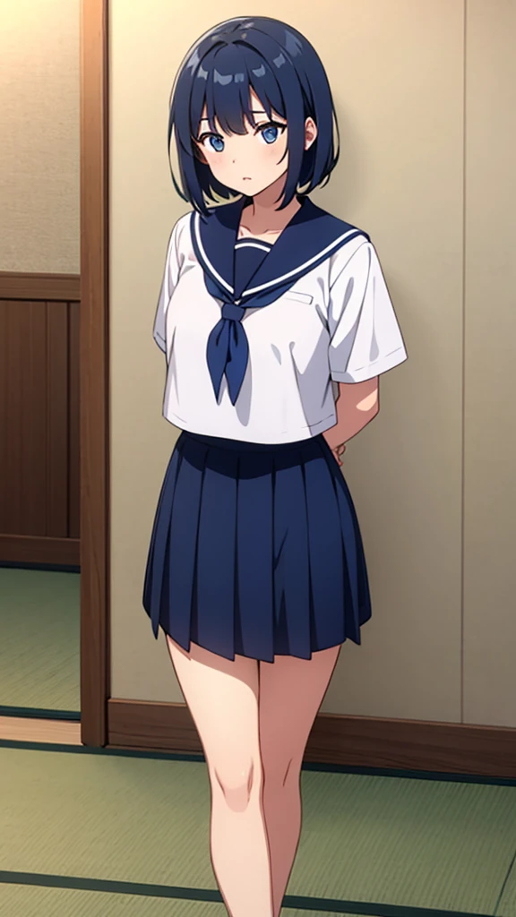 ((masterpiece, Highest quality, Very detailed, Very nice 8K CG wallpaper)), , A little thick, Medium Hair, Blue Hair, short hair, blue eyes,judo player、Sailor style uniforms、Large bust、Sailor suit、mini skirt、judo、Cute expression、InSide the judo GymnaSium、、On the tatami、discovery、One person&#39;S、Full body standing、rest、Haruka Kiritani、Bust Size C Cup、幼い頃judo家に育てられた、The strongest woman to win a tournament、Ninth Dan、The strongest woman who defeated the bully