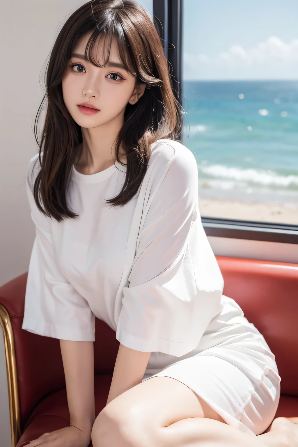 ・Temperament・Delicate facial features・Bangs・Messy hair・Hair is very realistic・Wearing a short-sleeved white shirt・Background is sky・Sea view・Du Qiong exquisite makeup・Light red lips・Big eyes・Double eyelids・Black hole・Bright eyes・Symmetrical face・Face is very realistic・Girl's face is carefully painted・Blush・Super high-quality・Looking at the audience ・Very realistic skin・Sebum reflection・Artwork・Clothes with real fabric texture・Realistic painting・Cinema style・Photo-level・Ray tracing・Realistic light and shadow effects・Realism・Masterpiece・Like the photo effect above・8K highest quality full long hair, Brown Hair, Curly Hair,
Humanistic image, seductive pose, straddling a chair