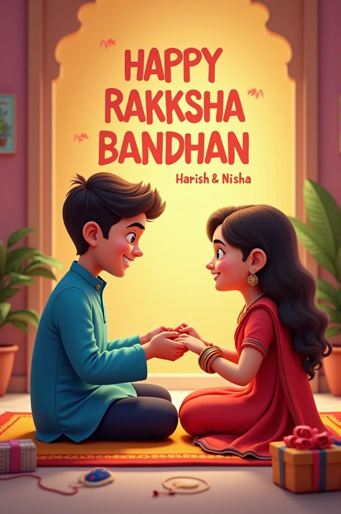 A real 20 year old Cute boy and girl are sitting face to face on a colorful mat in the home lobby, the boy has extended one of his hands forward, And Girl tying Rakhi on brother's hand. boy is wearing a Blue colored kurta And the girl is wearing a Red Lahenga, boy has a gift box in his other hand, is smiling, boy has applied tilak on his forehead, and on the wall in bold letters "HAPPY RAKSHA BANDHAN" "Harish & Nisha" It is written, 4k image